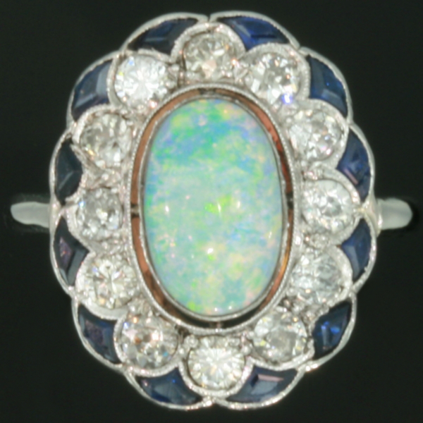 Estate opal engagement ring diamond sapphire platinum (image 2 of 21)